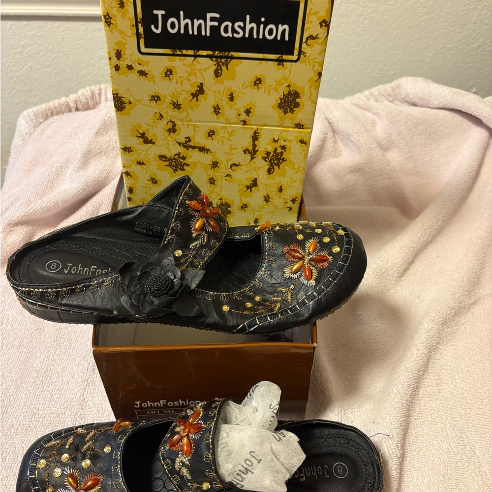 Women's Black and Orange Embellished Mules